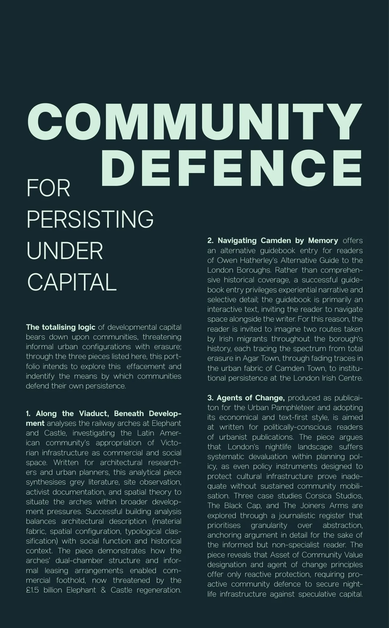 The portfolio cover: Community Defence, for persisting under capital, set in pale green on a dark green ground.